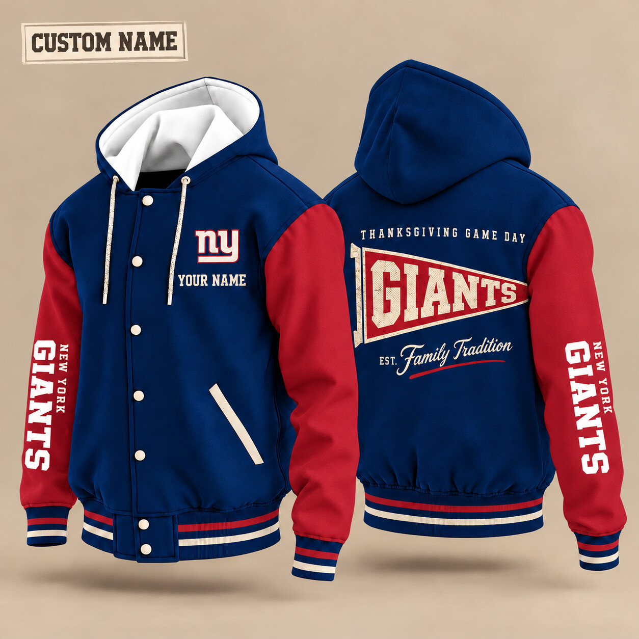 New York Giants Thanksgiving Game Day Pennant Hooded Letterman Jacket Custom Name PSW1NL