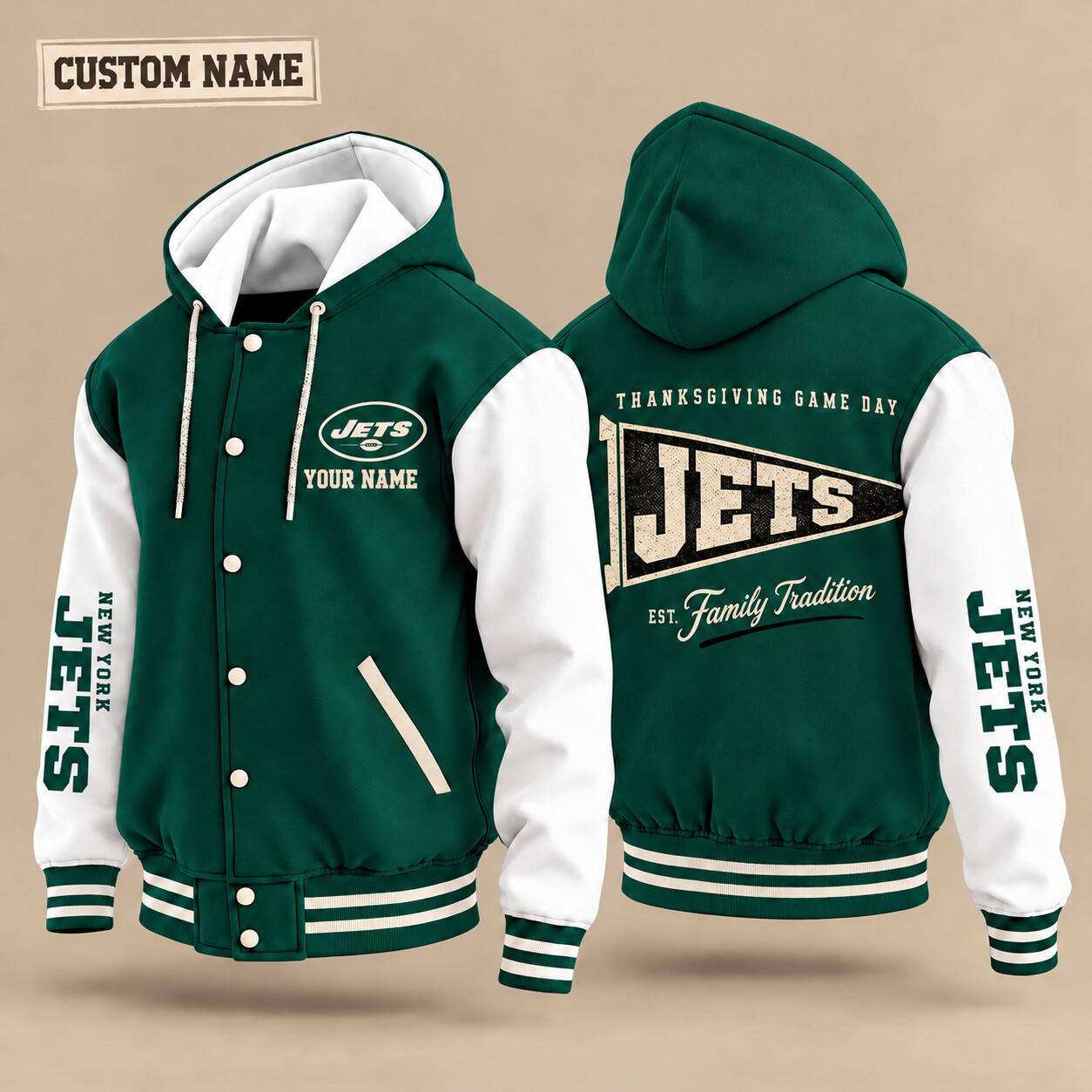 New York Jets Thanksgiving Game Day Pennant Hooded Letterman Jacket Custom Name PQHDDV