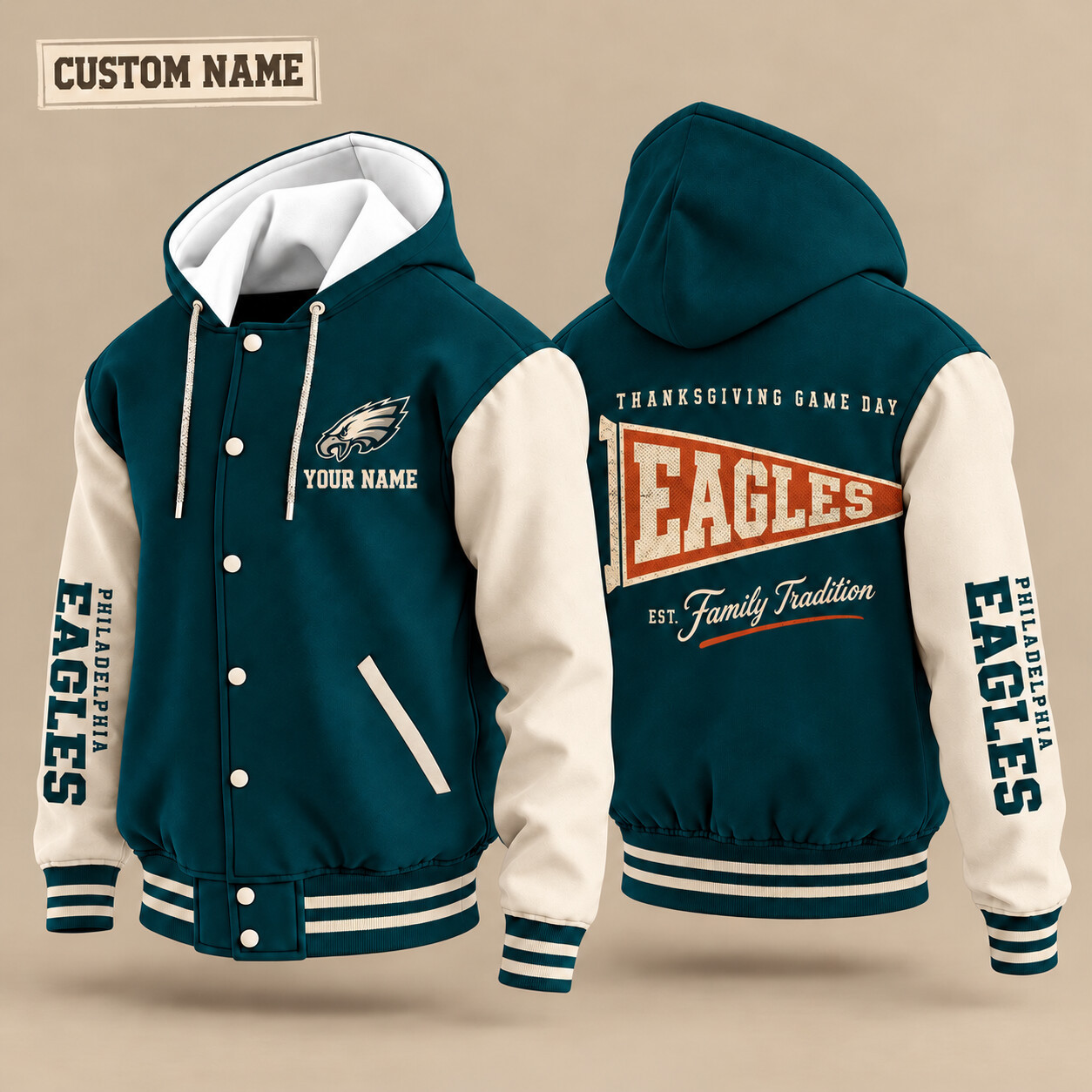 Philadelphia Eagles Thanksgiving Game Day Pennant Hooded Letterman Jacket Custom Name PCNTPC
