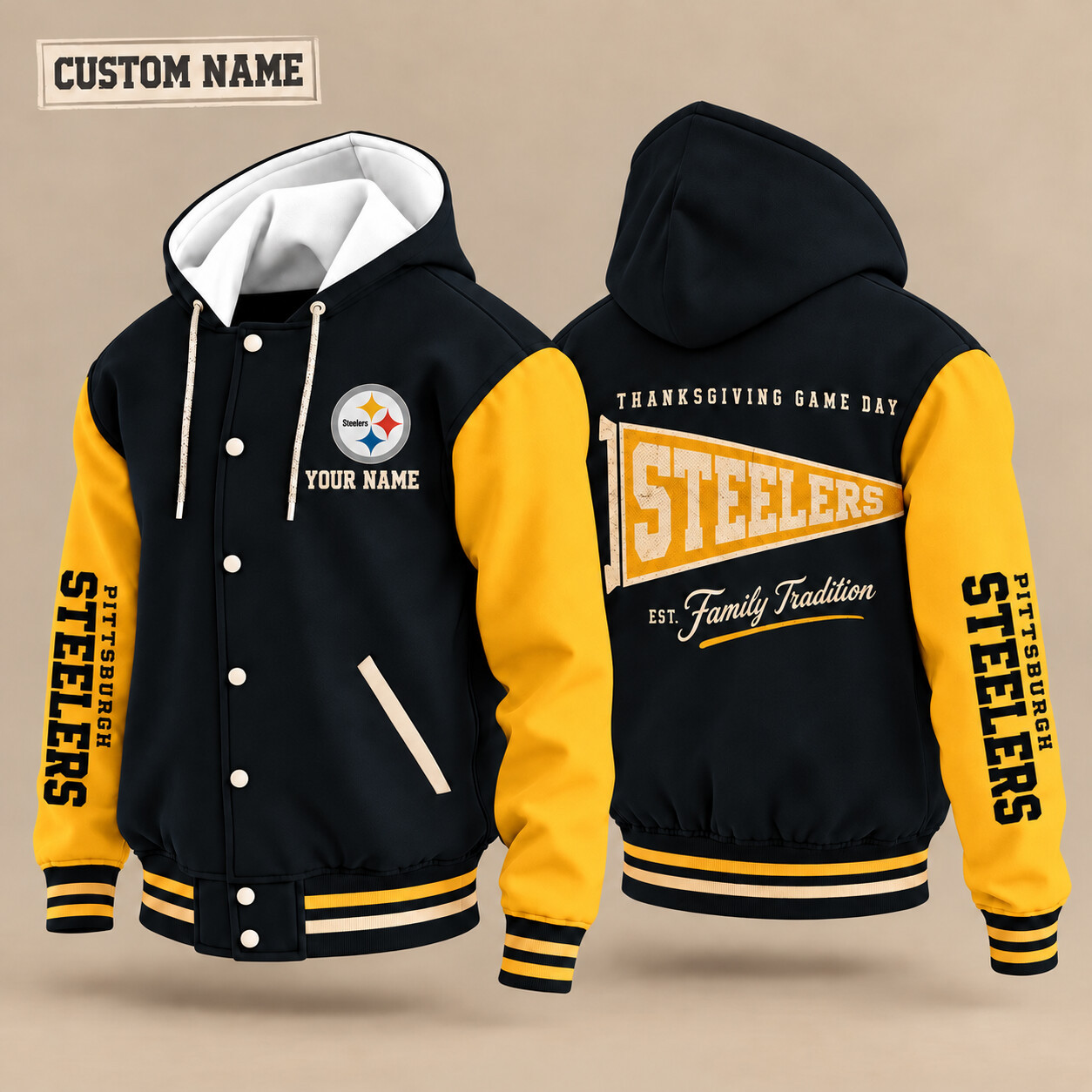 Pittsburgh Steelers Thanksgiving Game Day Pennant Hooded Letterman Jacket Custom Name PCCS73
