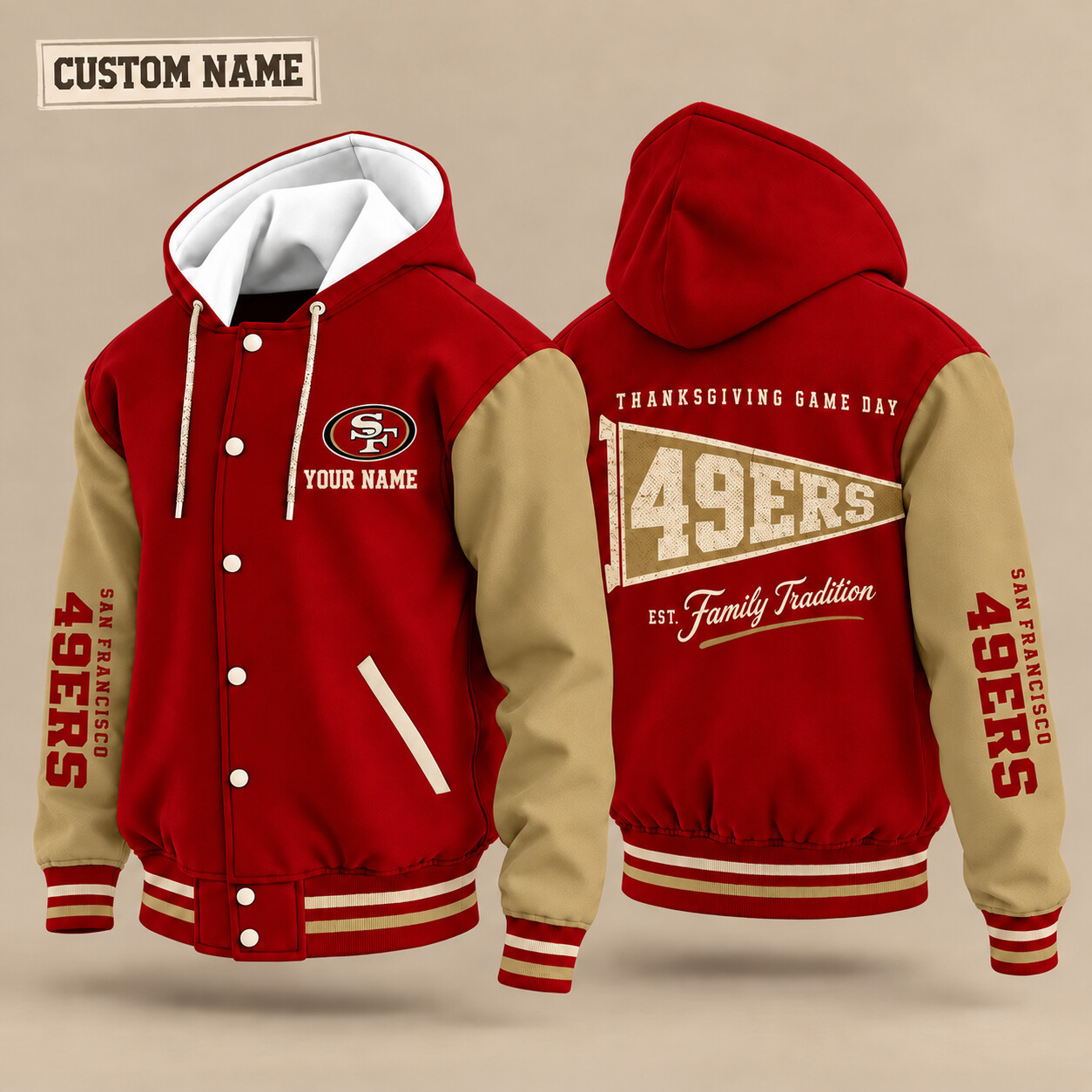 San Francisco 49ers Thanksgiving Game Day Pennant Hooded Letterman Jacket Custom Name PJOA5W