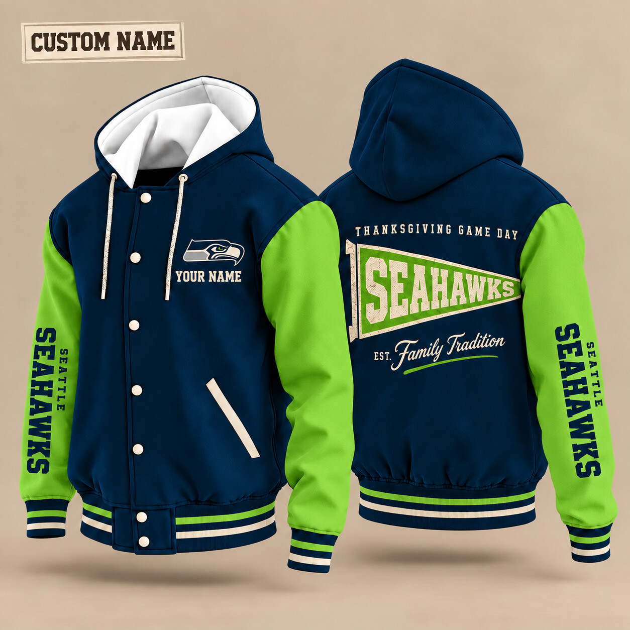 Seattle Seahawks Thanksgiving Game Day Pennant Hooded Letterman Jacket Custom Name PP2RF1