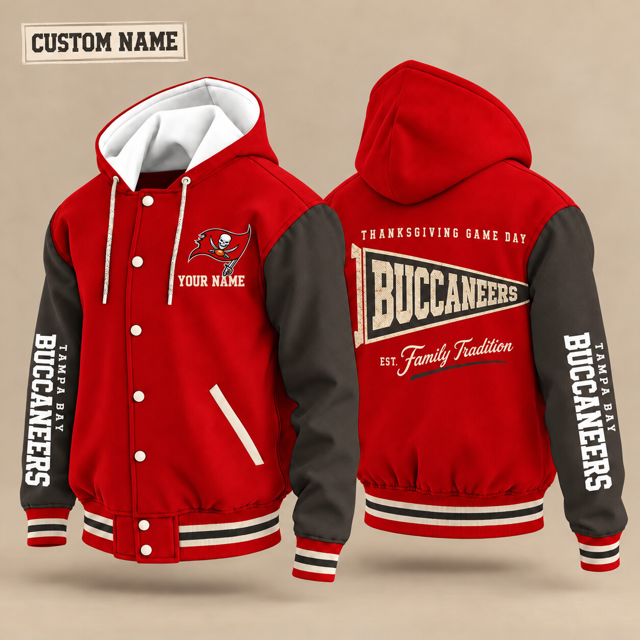 Tampa Bay Buccaneers Thanksgiving Game Day Pennant Hooded Letterman Jacket Custom Name PC3JQT