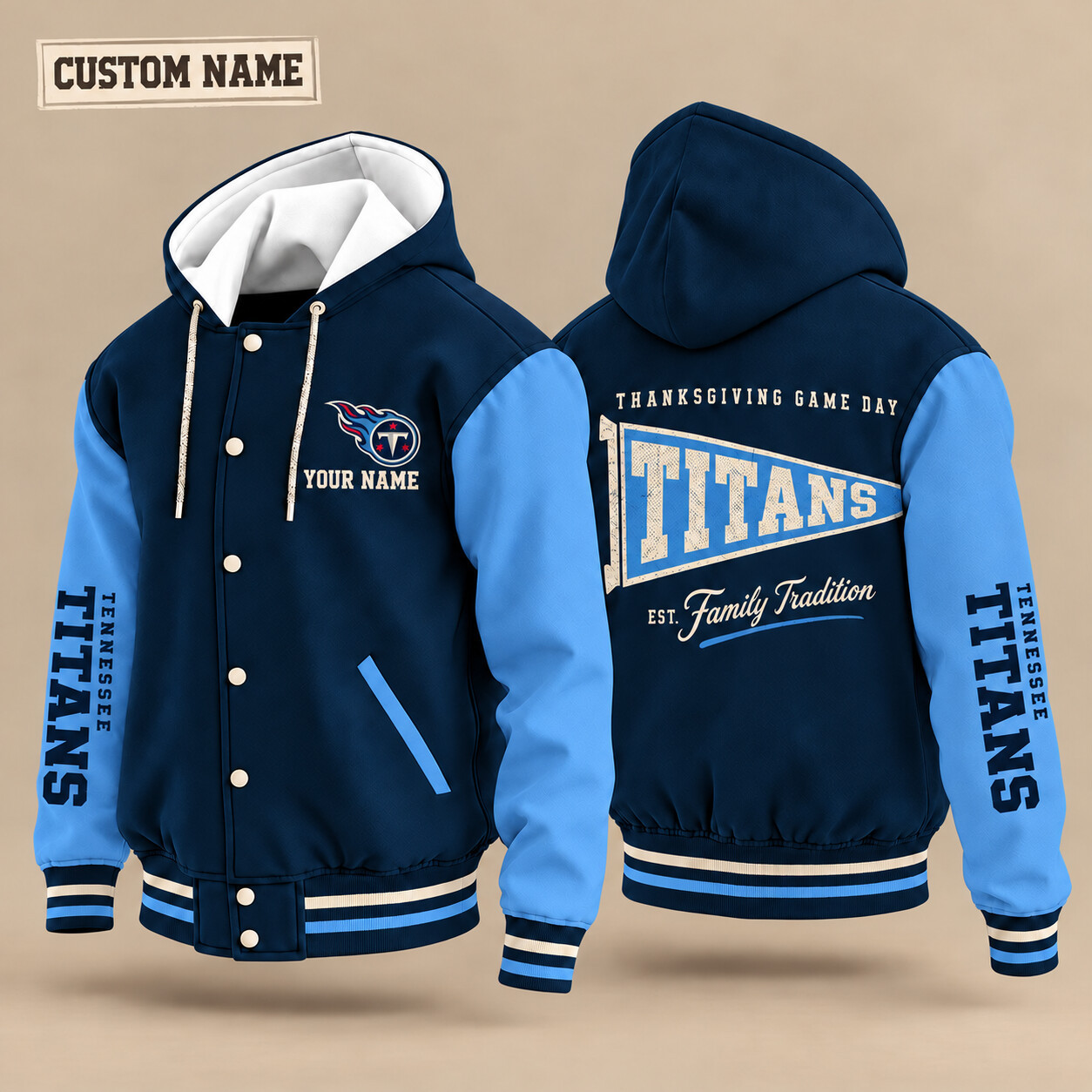 Tennessee Titans Thanksgiving Game Day Pennant Hooded Letterman Jacket Custom Name PDBKQR