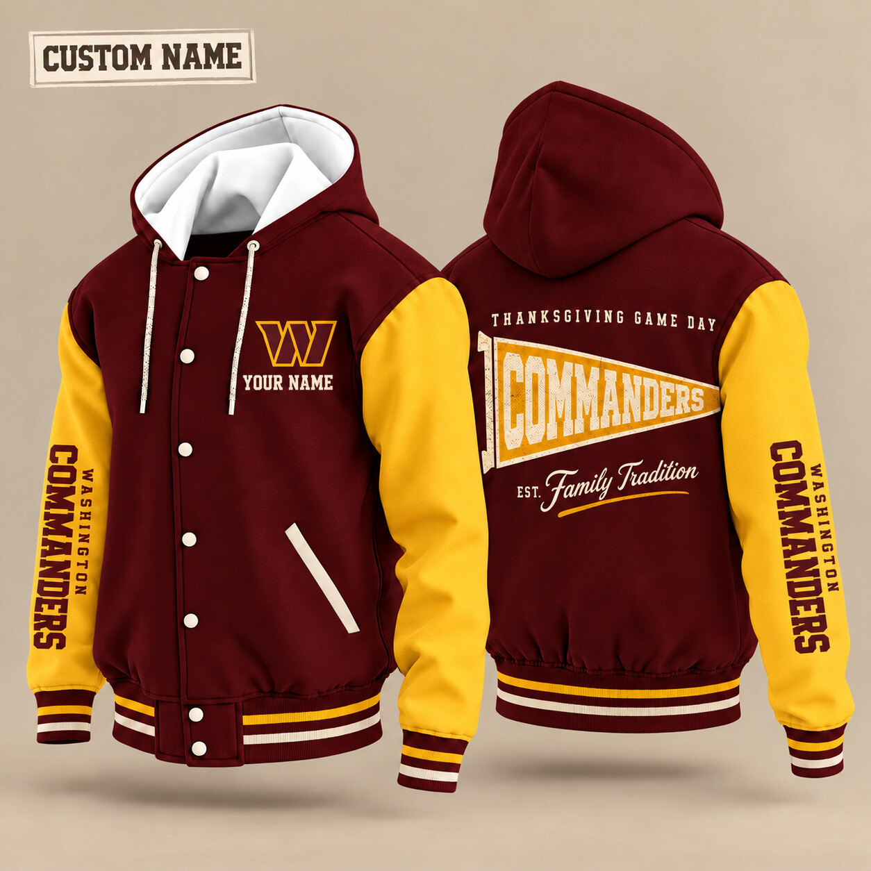 Washington Commanders Thanksgiving Game Day Pennant Hooded Letterman Jacket Custom Name P6NFUY