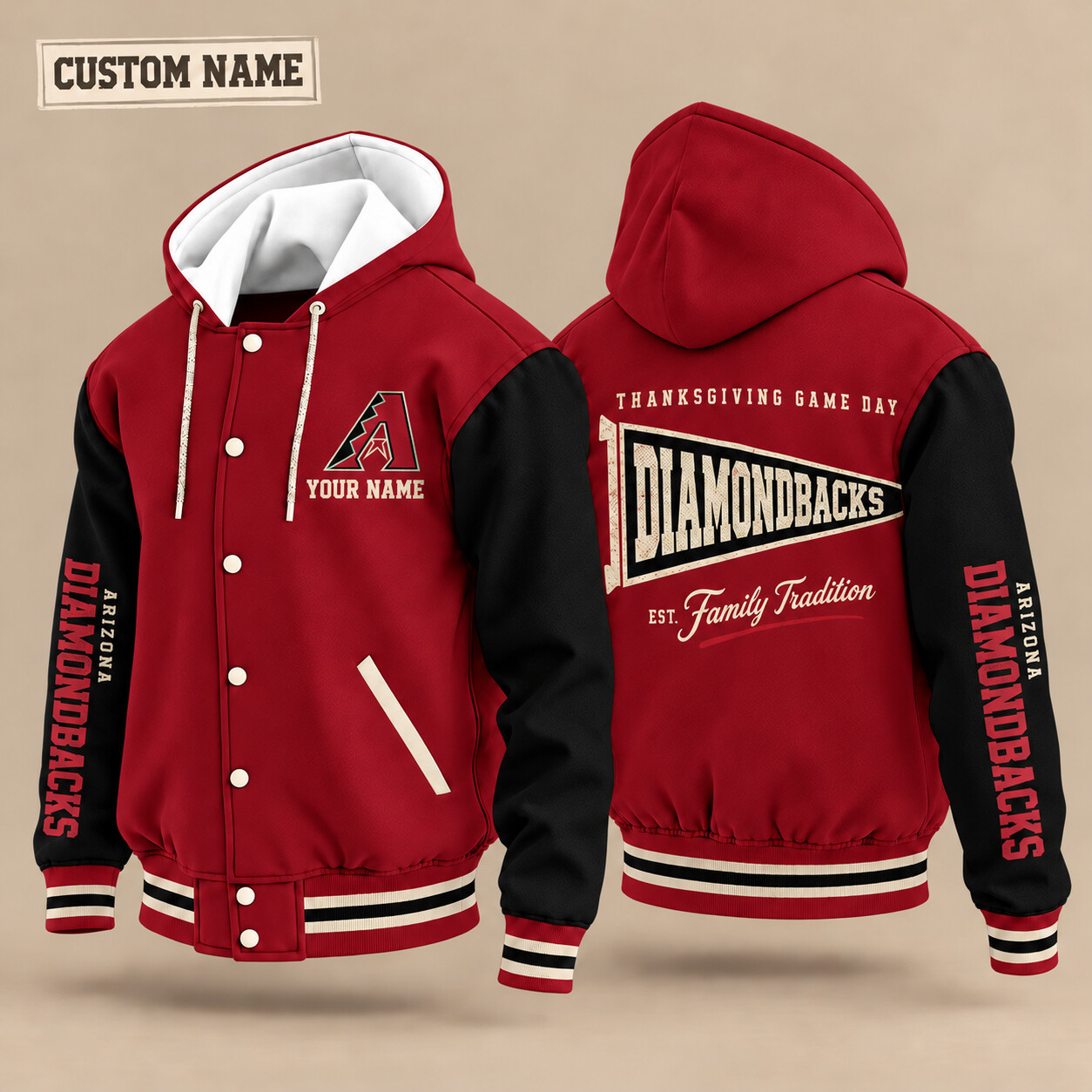 Arizona Diamondbacks Thanksgiving Game Day Pennant Hooded Letterman Jacket Custom Name PK7OYZ
