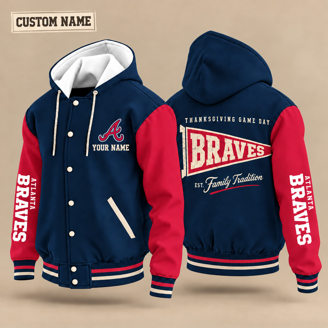 Atlanta Braves Thanksgiving Game Day Pennant Hooded Letterman Jacket Custom Name PLDG5C
