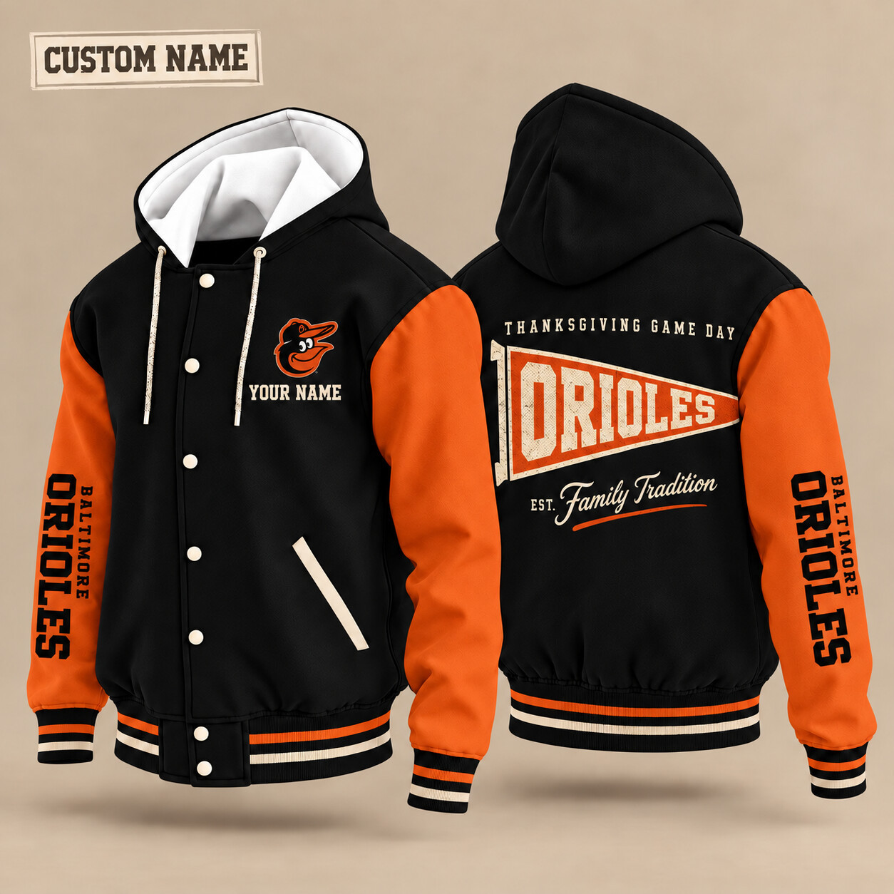 Baltimore Orioles Thanksgiving Game Day Pennant Hooded Letterman Jacket Custom Name PRT0SS