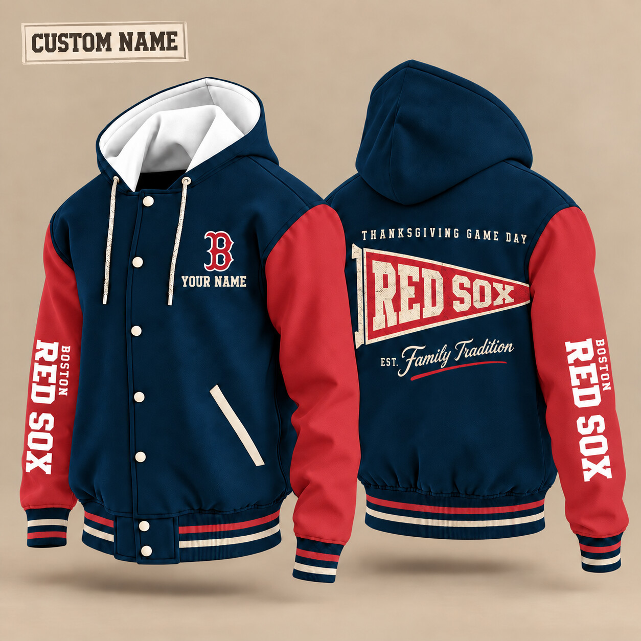 Boston Red Sox Thanksgiving Game Day Pennant Hooded Letterman Jacket Custom Name PQ2FPX