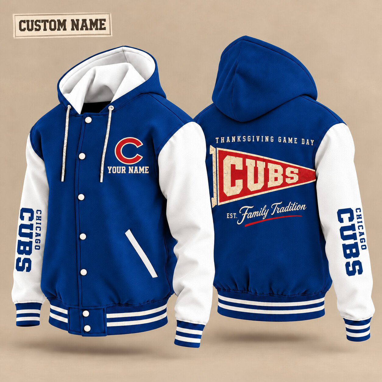 Chicago Cubs Thanksgiving Game Day Pennant Hooded Letterman Jacket Custom Name PUB1HI
