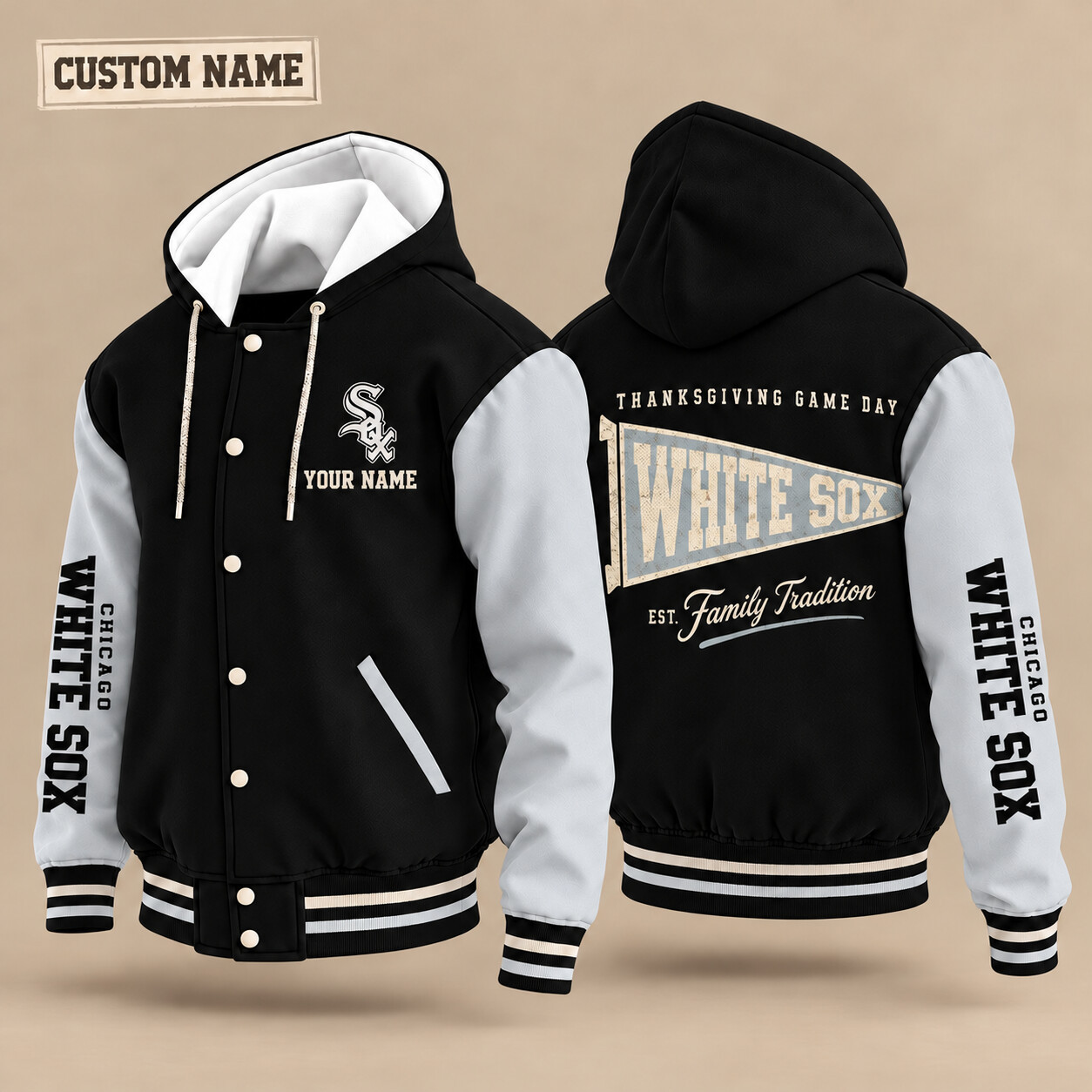 Chicago White Sox Thanksgiving Game Day Pennant Hooded Letterman Jacket Custom Name PZTJWS