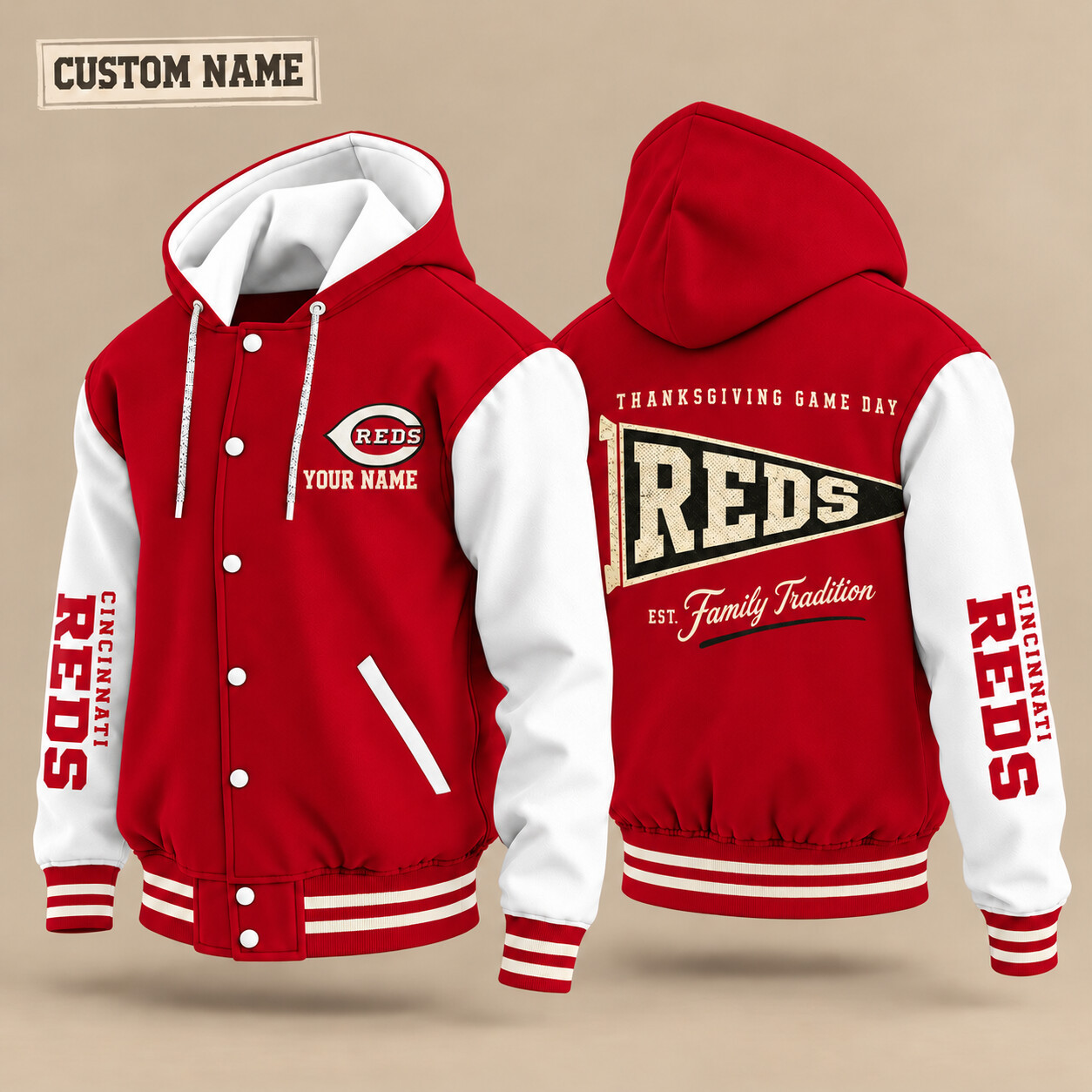 Cincinnati Reds Thanksgiving Game Day Pennant Hooded Letterman Jacket Custom Name PFIBHL