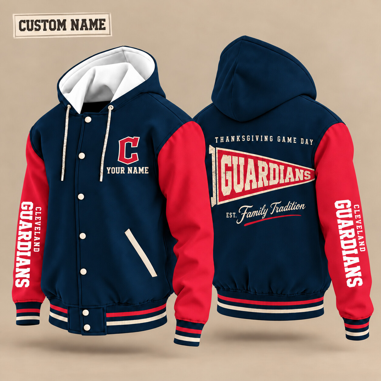 Cleveland Guardians Thanksgiving Game Day Pennant Hooded Letterman Jacket Custom Name P7V3AT