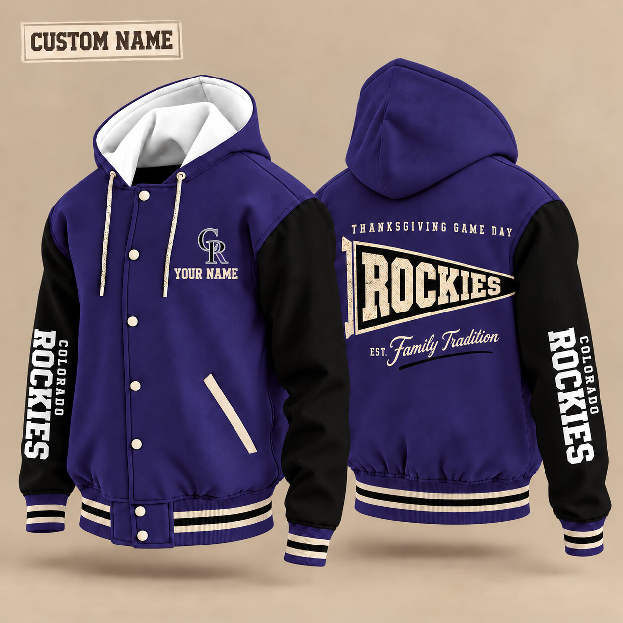 Colorado Rockies Thanksgiving Game Day Pennant Hooded Letterman Jacket Custom Name PWKUP8