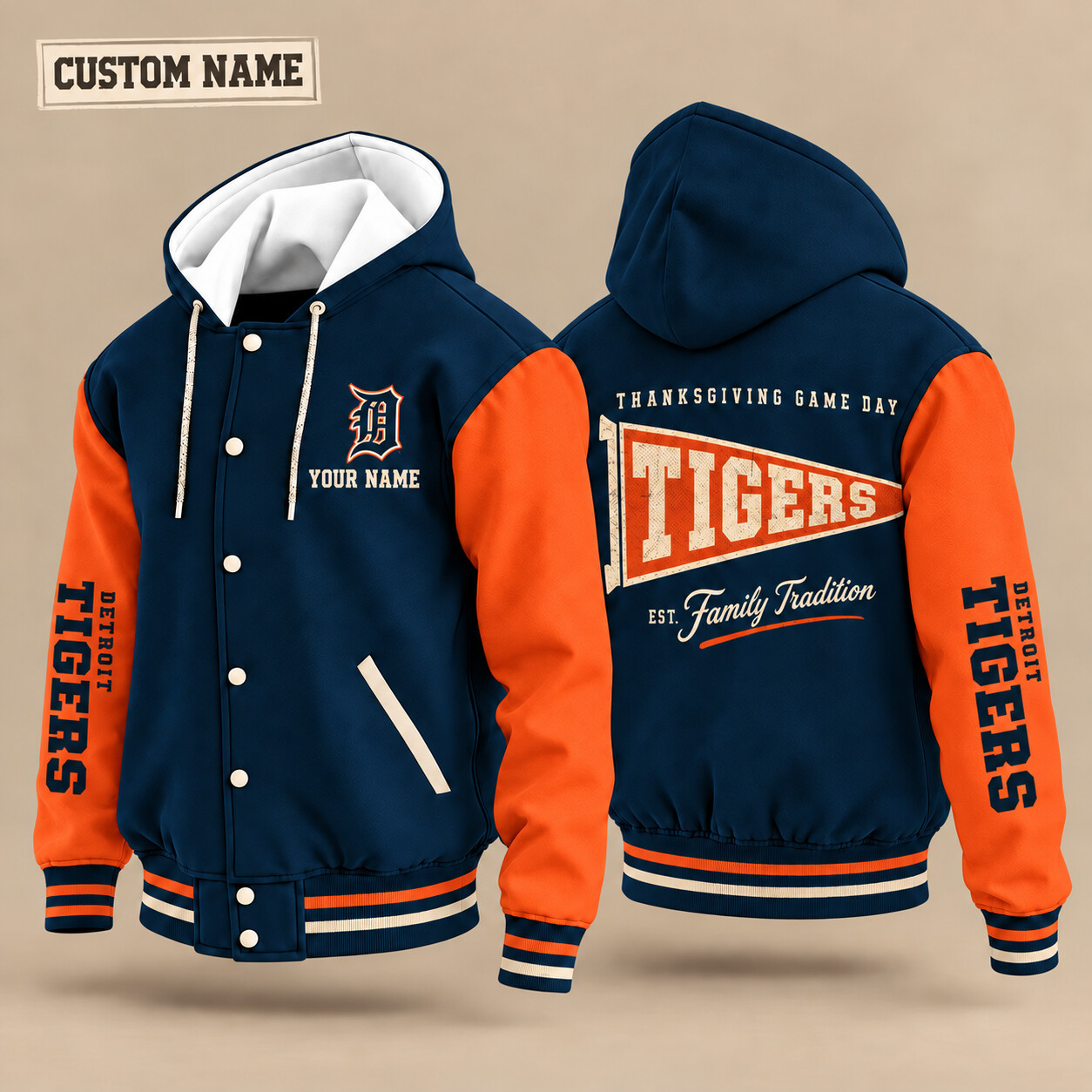 Detroit Tigers Thanksgiving Game Day Pennant Hooded Letterman Jacket Custom Name PU0L48