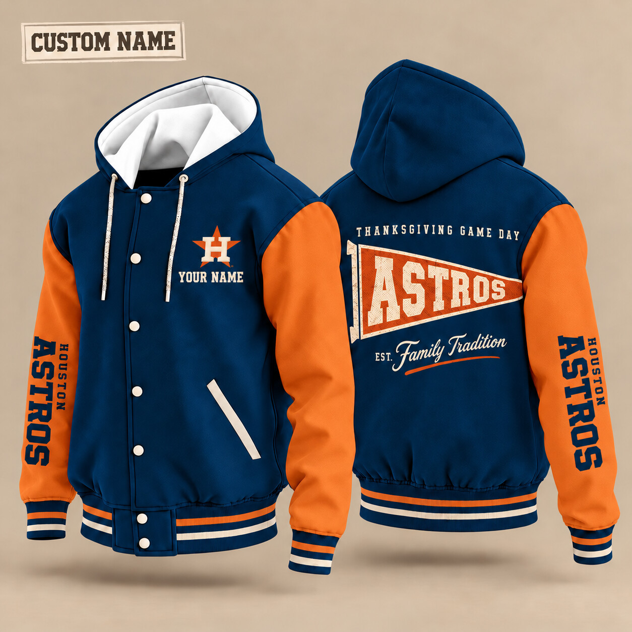 Houston Astros Thanksgiving Game Day Pennant Hooded Letterman Jacket Custom Name P6PA31