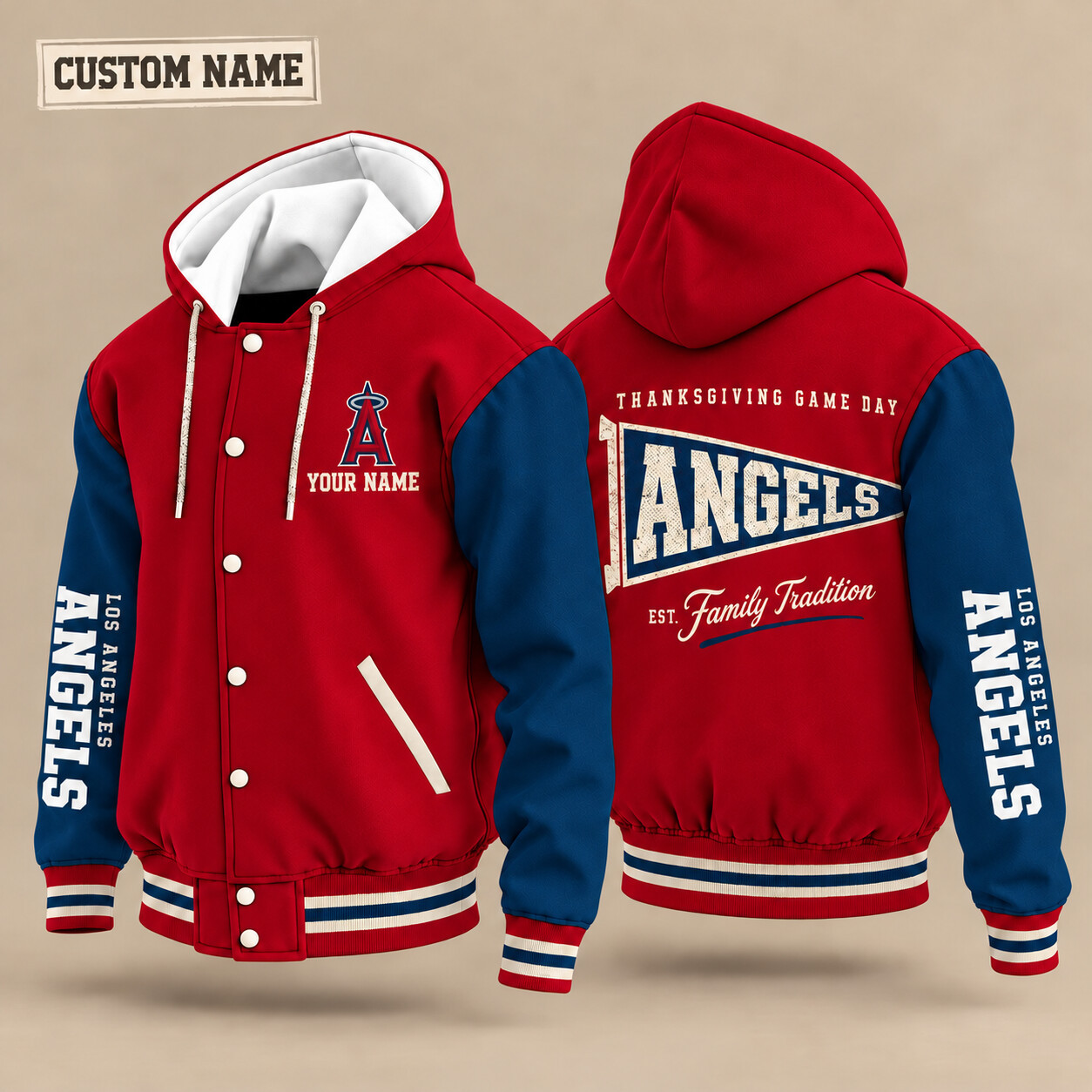 Los Angeles Angels Thanksgiving Game Day Pennant Hooded Letterman Jacket Custom Name PKZS9X