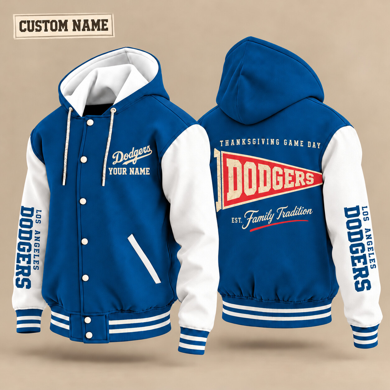 Los Angeles Dodgers Thanksgiving Game Day Pennant Hooded Letterman Jacket Custom Name PAI0X7