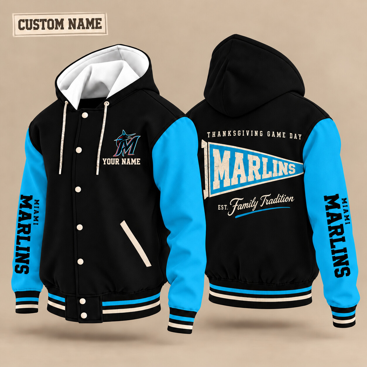 Miami Marlins Thanksgiving Game Day Pennant Hooded Letterman Jacket Custom Name PHDQ0F