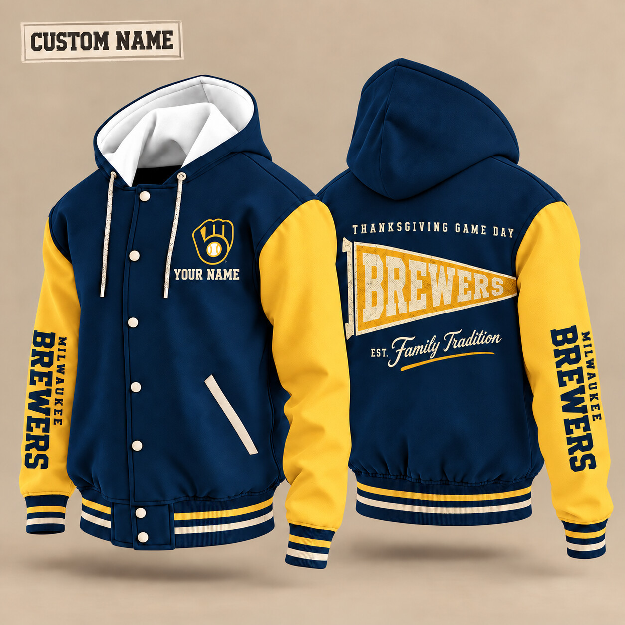 Milwaukee Brewers Thanksgiving Game Day Pennant Hooded Letterman Jacket Custom Name PTILVN