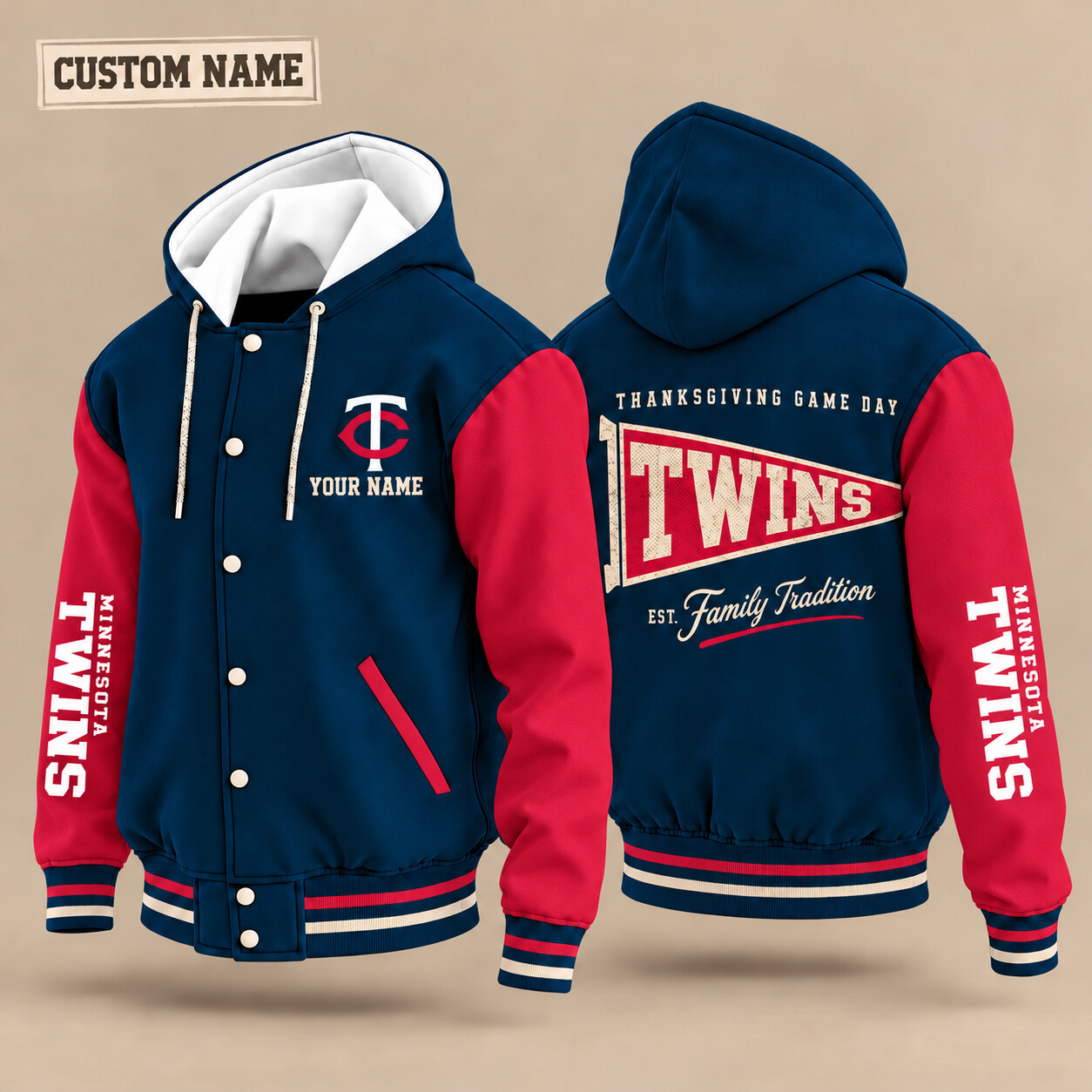 Minnesota Twins Thanksgiving Game Day Pennant Hooded Letterman Jacket Custom Name PT7G5I