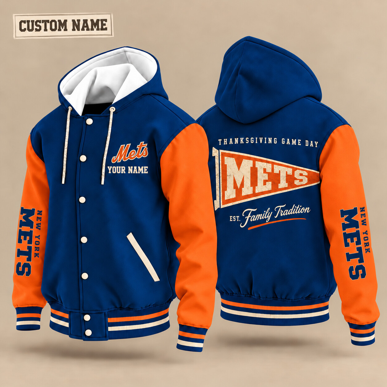 New York Mets Thanksgiving Game Day Pennant Hooded Letterman Jacket Custom Name PATC3U