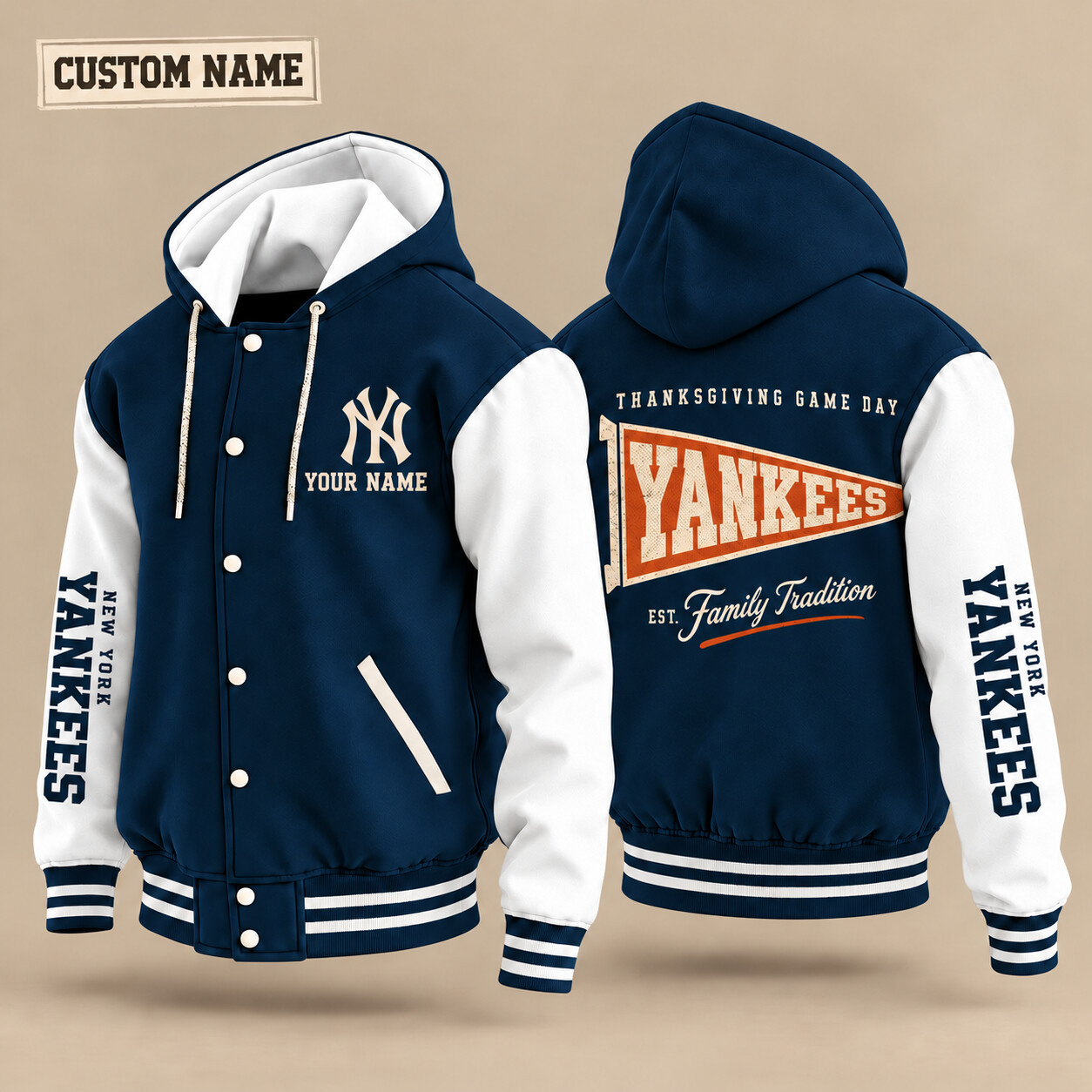 New York Yankees Thanksgiving Game Day Pennant Hooded Letterman Jacket Custom Name PK31TL