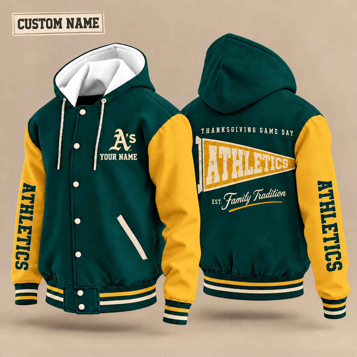 Athletics Thanksgiving Game Day Pennant Hooded Letterman Jacket Custom Name PW1USC