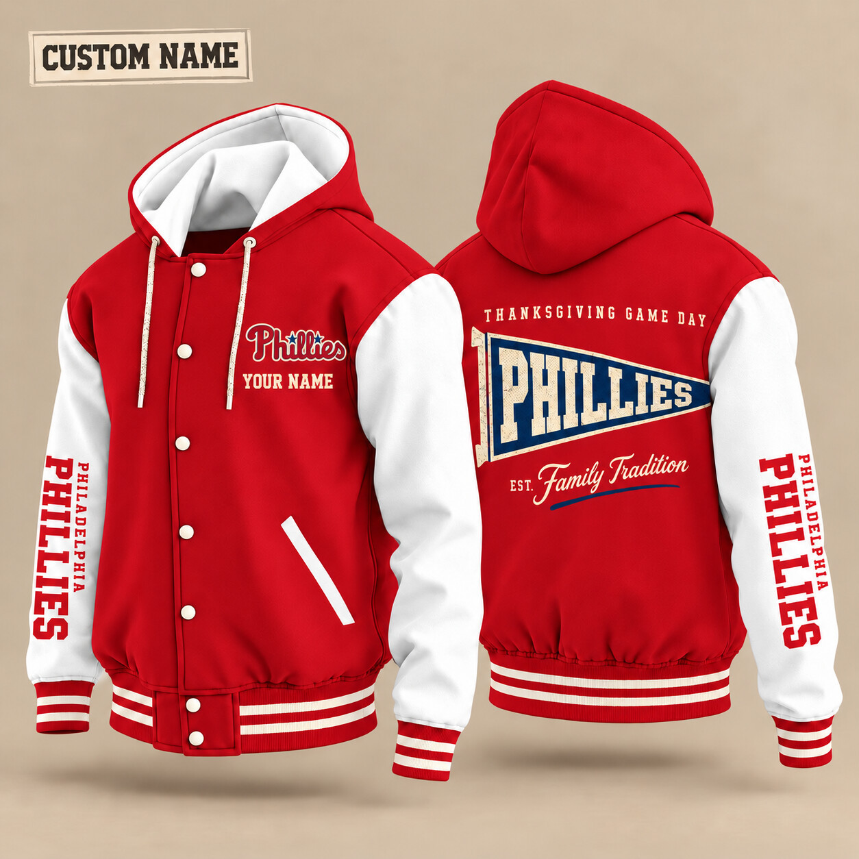 Philadelphia Phillies Thanksgiving Game Day Pennant Hooded Letterman Jacket Custom Name P7QW33