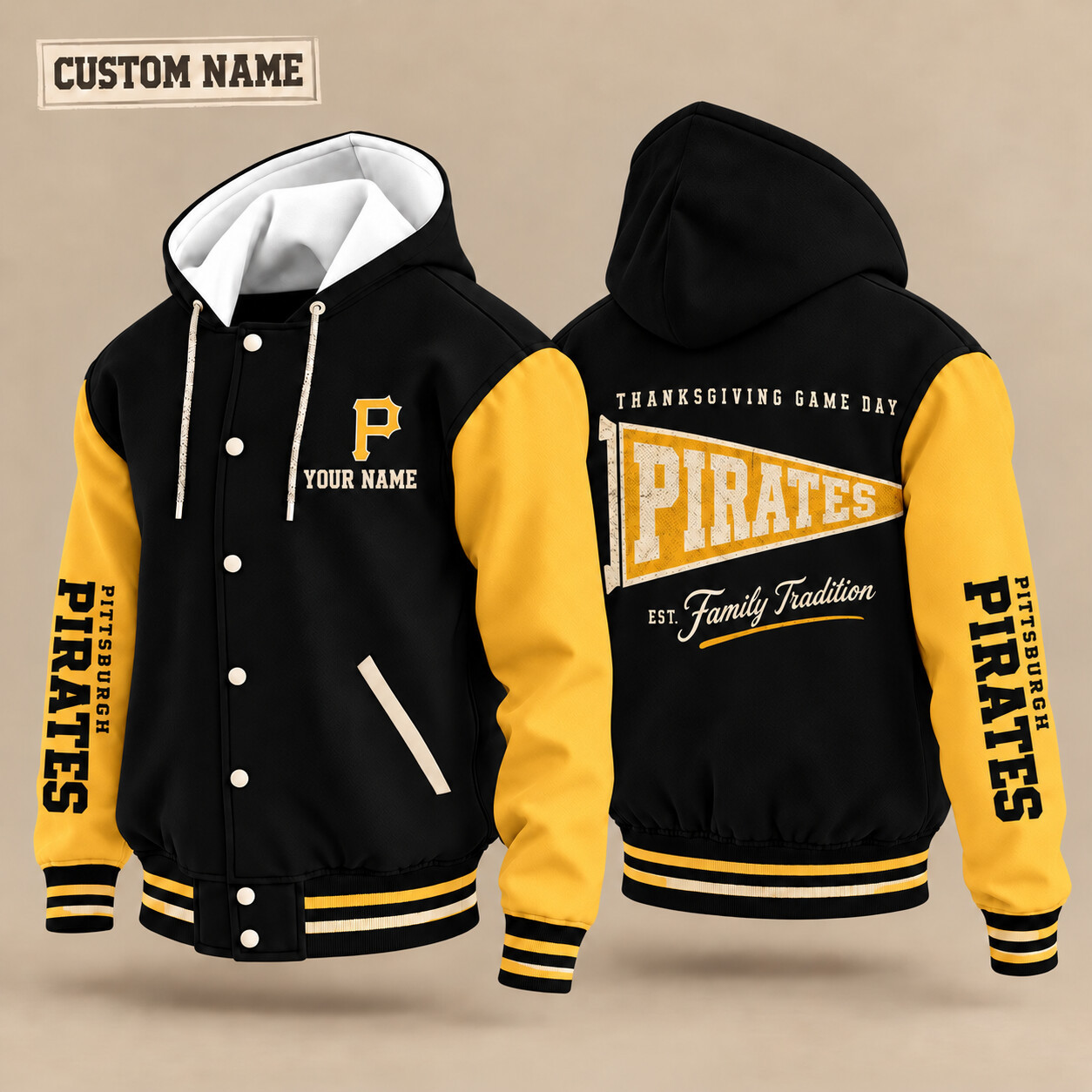 Pittsburgh Pirates Thanksgiving Game Day Pennant Hooded Letterman Jacket Custom Name PQHJRJ