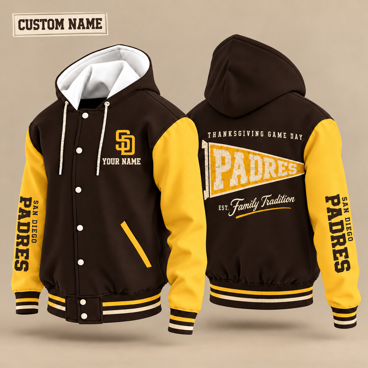 San Diego Padres Thanksgiving Game Day Pennant Hooded Letterman Jacket Custom Name P82BI1