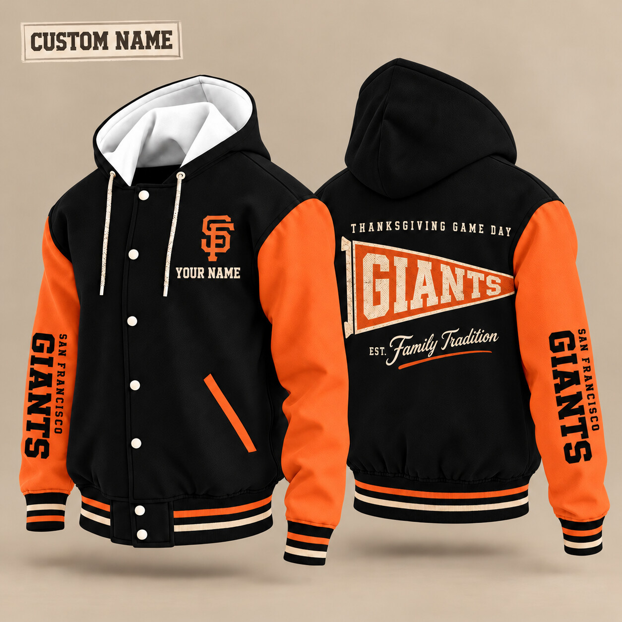 San Francisco Giants Thanksgiving Game Day Pennant Hooded Letterman Jacket Custom Name P1CDCX