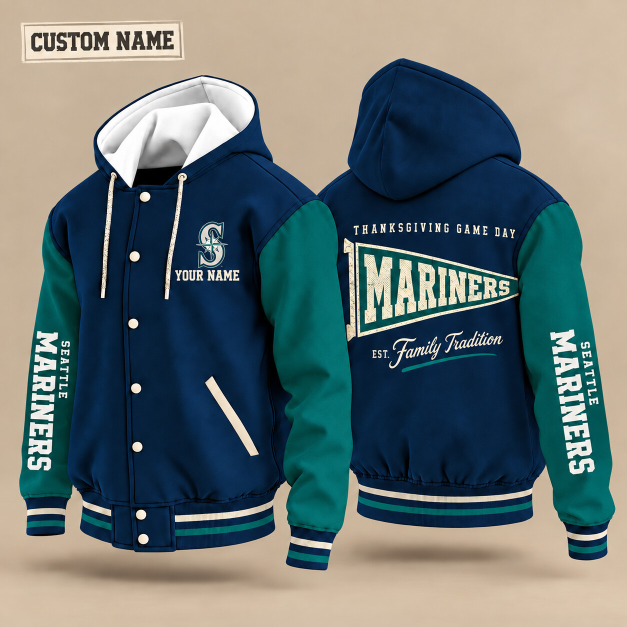 Seattle Mariners Thanksgiving Game Day Pennant Hooded Letterman Jacket Custom Name PNRYI3