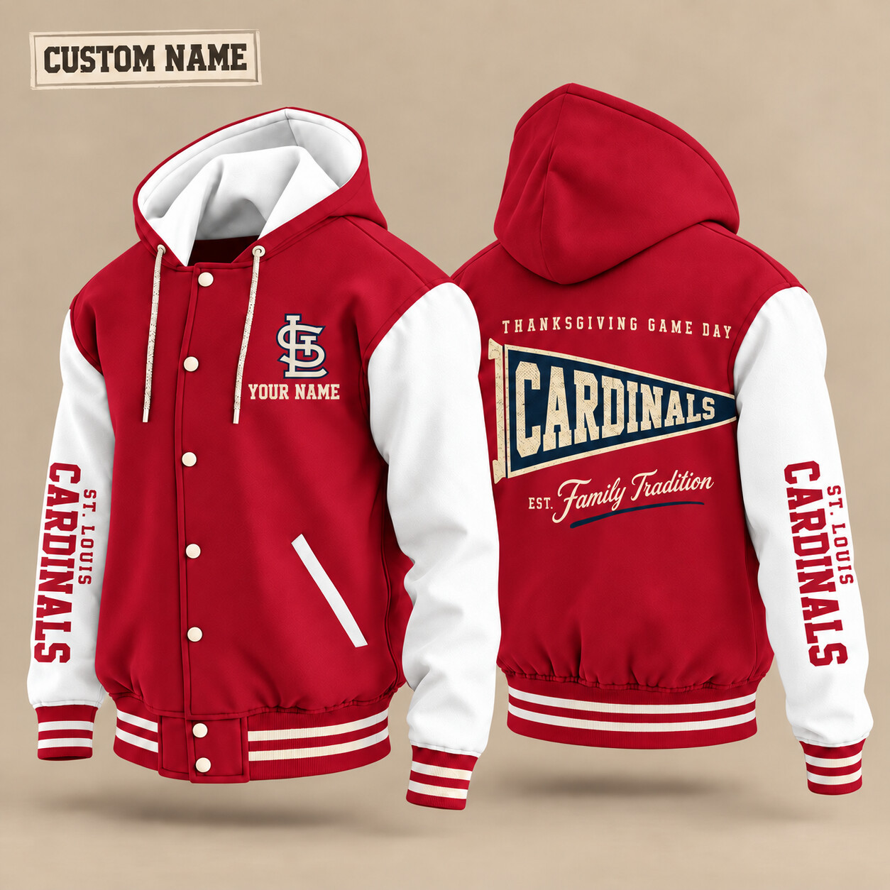 St. Louis Cardinals Thanksgiving Game Day Pennant Hooded Letterman Jacket Custom Name PFVGBB