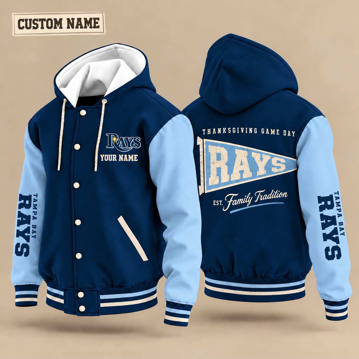 Tampa Bay Rays Thanksgiving Game Day Pennant Hooded Letterman Jacket Custom Name POAKW8