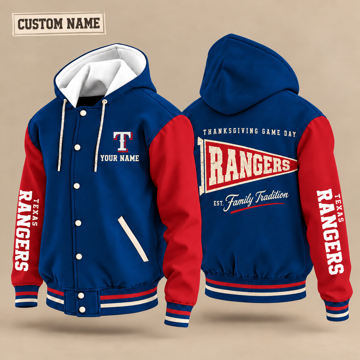 Texas Rangers Thanksgiving Game Day Pennant Hooded Letterman Jacket Custom Name PUHFS6