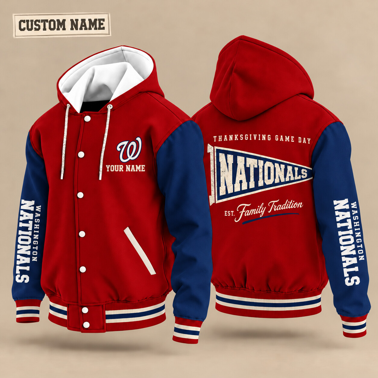 Washington Nationals Thanksgiving Game Day Pennant Hooded Letterman Jacket Custom Name PIFXPC