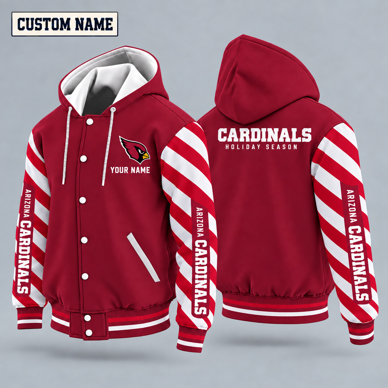 Arizona Cardinals Candy Cane Christmas Hooded Letterman Jacket Custom Name PBG21A