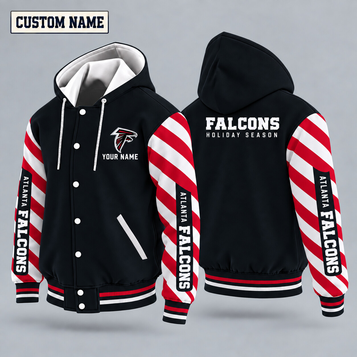 Atlanta Falcons Candy Cane Christmas Hooded Letterman Jacket Custom Name PDN05X