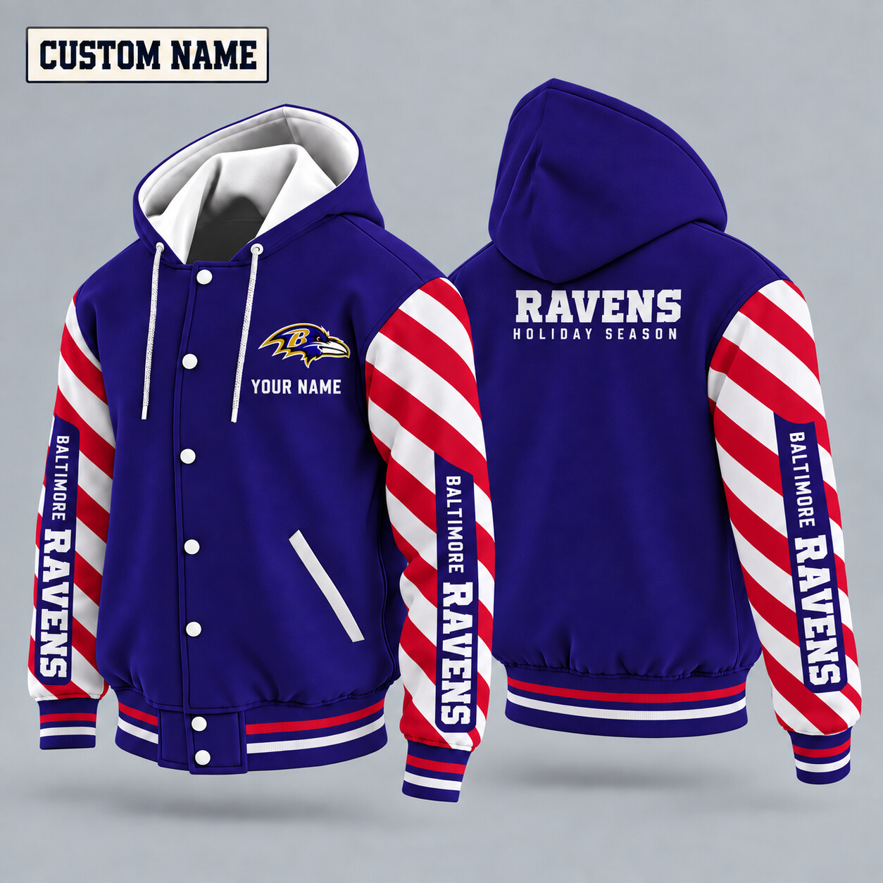 Baltimore Ravens Candy Cane Christmas Hooded Letterman Jacket Custom Name PYVUC4