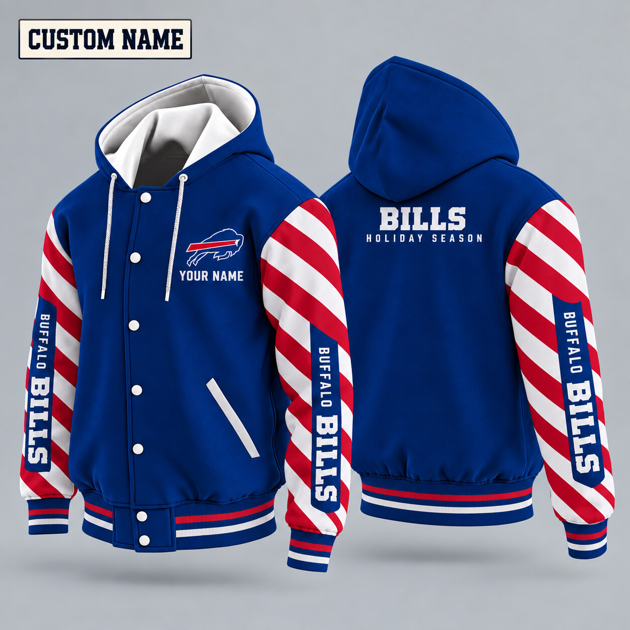 Buffalo Bills Candy Cane Christmas Hooded Letterman Jacket Custom Name P4DW6O