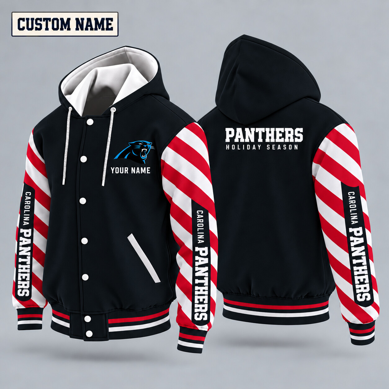 Carolina Panthers Candy Cane Christmas Hooded Letterman Jacket Custom Name PL4NX2