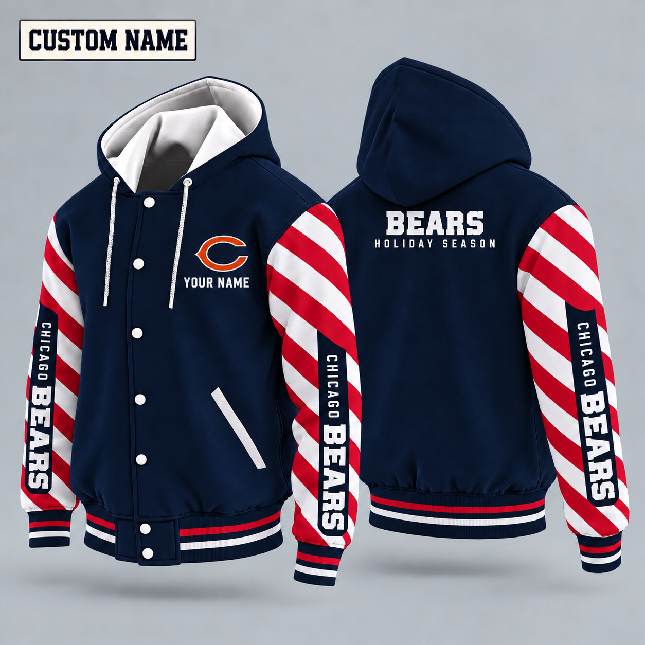 Chicago Bears Candy Cane Christmas Hooded Letterman Jacket Custom Name PBGM6V