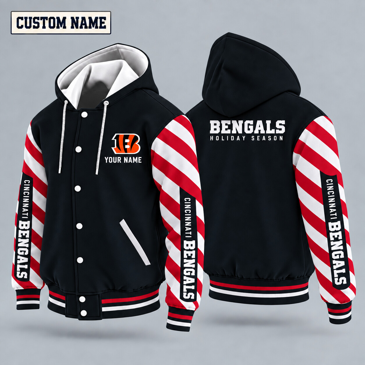 Cincinnati Bengals Candy Cane Christmas Hooded Letterman Jacket Custom Name PUPRNU