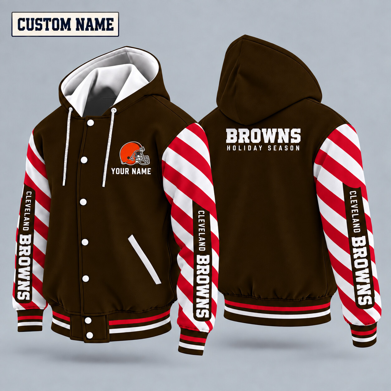Cleveland Browns Candy Cane Christmas Hooded Letterman Jacket Custom Name PIZFR0