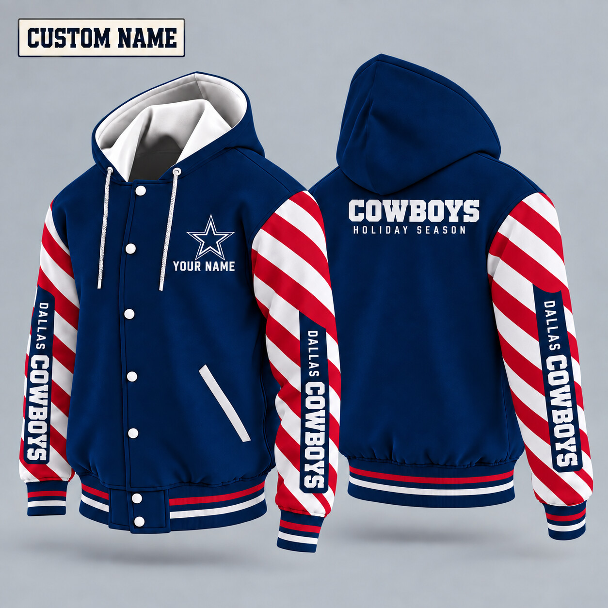 Dallas Cowboys Candy Cane Christmas Hooded Letterman Jacket Custom Name PIL4FH