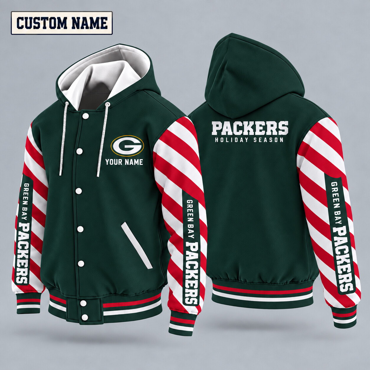 Green Bay Packers Candy Cane Christmas Hooded Letterman Jacket Custom Name PVI27F