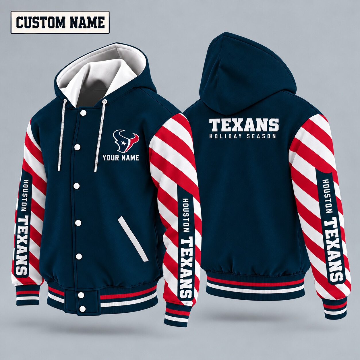 Houston Texans Candy Cane Christmas Hooded Letterman Jacket Custom Name PSWMMN