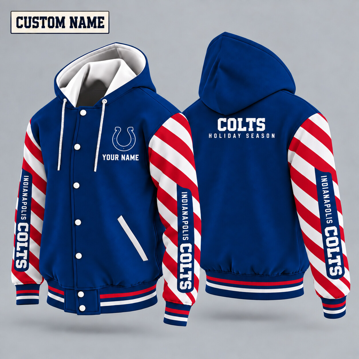 Indianapolis Colts Candy Cane Christmas Hooded Letterman Jacket Custom Name PDA5Z1