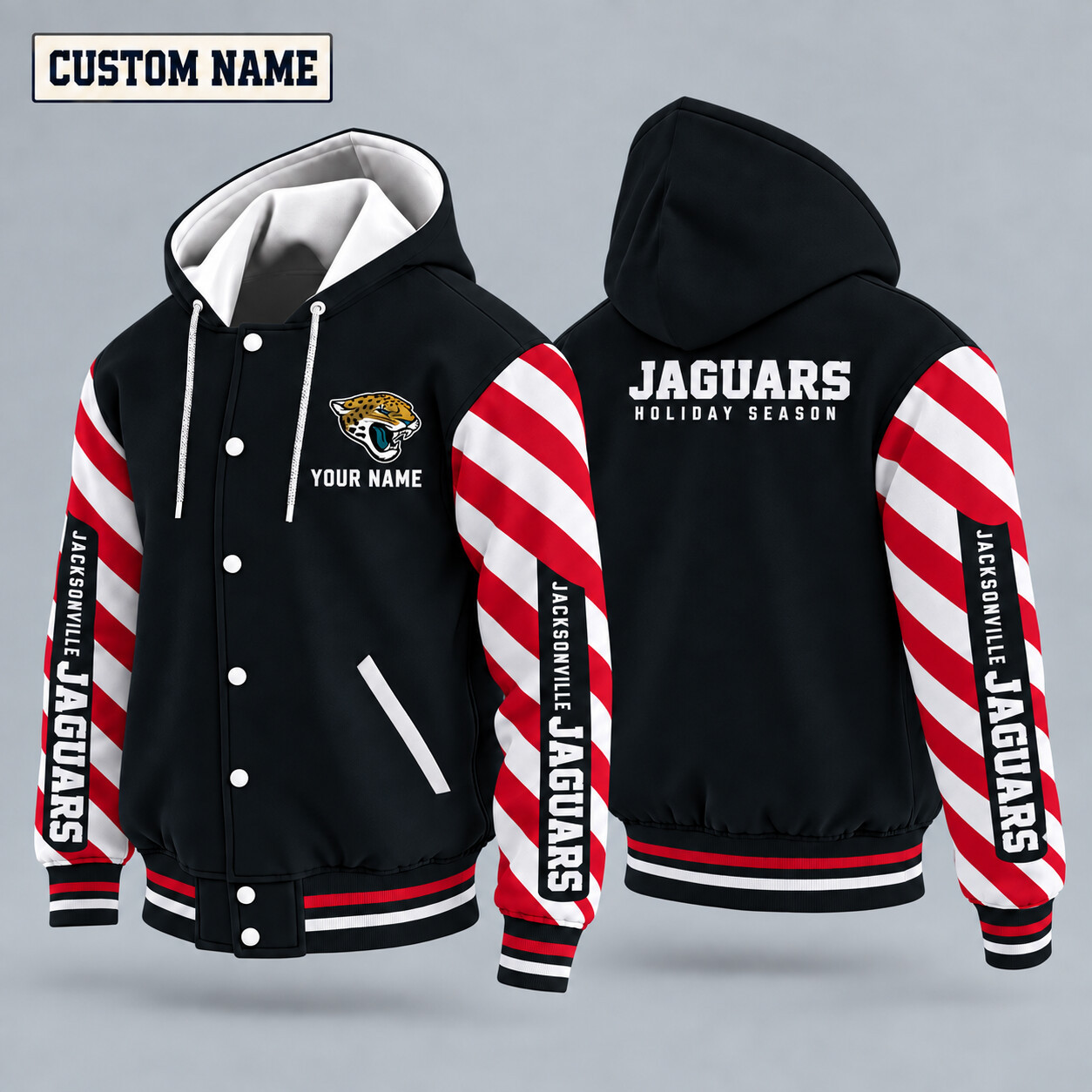 Jacksonville Jaguars Candy Cane Christmas Hooded Letterman Jacket Custom Name P61Z9Q